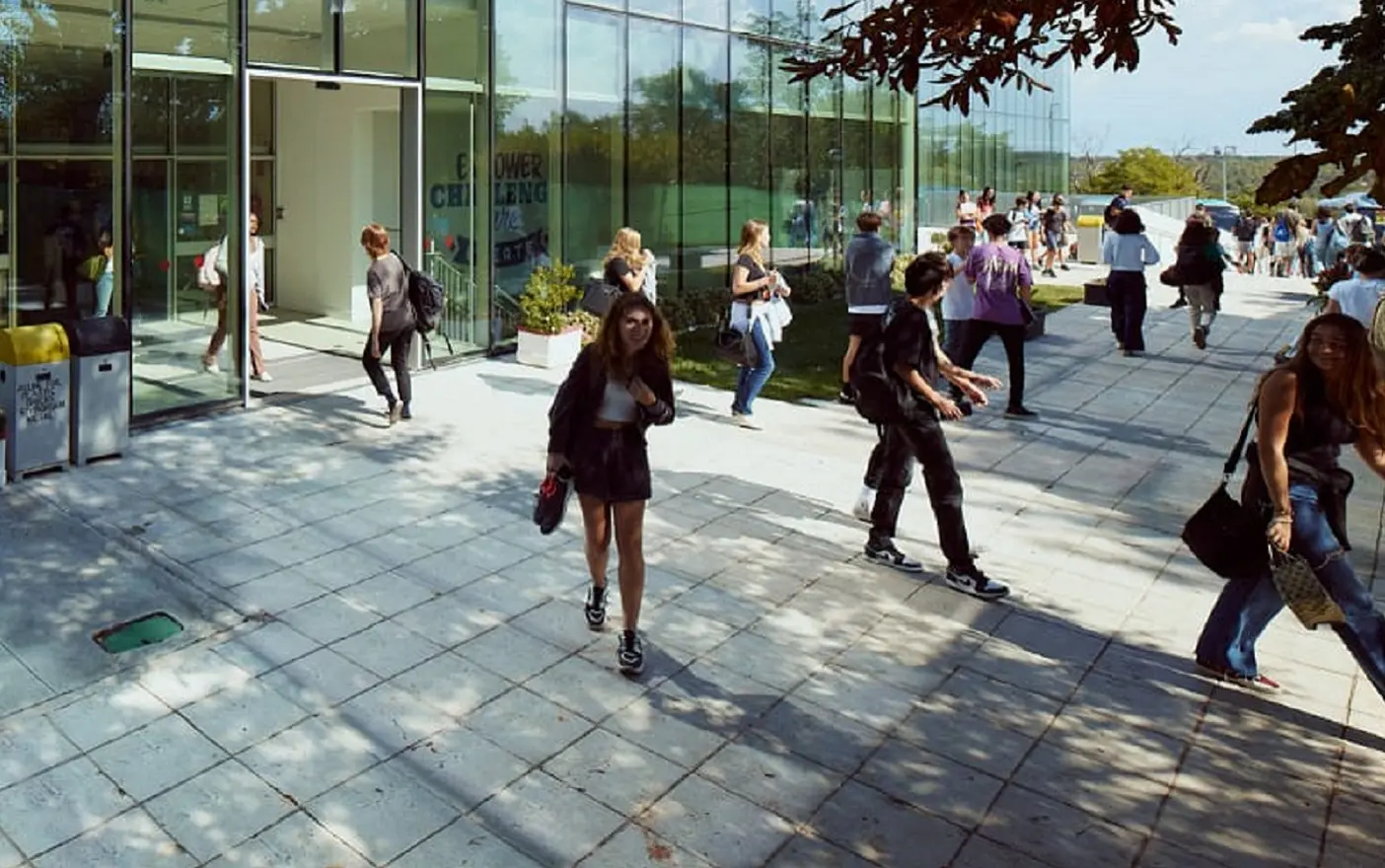 Students leaving campus building.