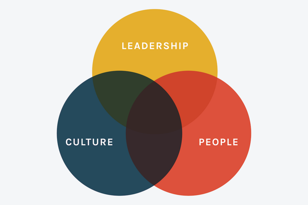 Venn diagram with the words "leadership," "culture," and "people" to demonstrate how to build a thriving nonprofit culture.